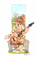 Size: 1326x2060 | Tagged: safe, artist:tina1804, imported from derpibooru, applejack, earth pony, pony, barn, clothes, dress, female, fence, guitar, mare, musical instrument, open mouth, simple background, sitting, smiling, solo, white background, windmill