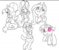 Size: 1820x1534 | Tagged: safe, artist:leadhooves, imported from derpibooru, fluttershy, pinkie pie, twilight sparkle, anthro, bat pony, digitigrade anthro, dog, earth pony, pony, rabbit, unicorn, animal, balloonbutt, bat ponified, butt, crossover, fangs, female, flutterbat, grayscale, horn, isabelle, judy hopps, looking back, mare, monochrome, partial color, plot, race swap, simple background, sitting, sketch, sketch dump, smiling, swirly eyes, unicorn twilight, wavy mouth, white background, zootopia