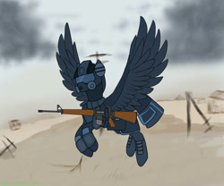 Size: 979x816 | Tagged: safe, artist:aegishailstorm, imported from derpibooru, oc, pegasus, fallout equestria, ashes town, gun, helldivers 2, mask, rifle, solo, spread wings, wasteland, weapon, wings