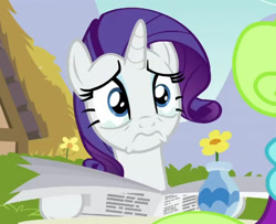 Size: 3000x2437 | Tagged: safe, edit, edited screencap, imported from derpibooru, screencap, rarity, unicorn, fame and misfortune, season 7, crying, female, frown, holding, horn, newspaper, purple mane, sad, table, tears of pain, white coat, white fur