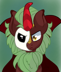 Size: 1198x1412 | Tagged: safe, artist:flutterbug18, imported from derpibooru, cinder glow, summer flare, kirin, sounds of silence, female, green background, mare, mask, phantom of the opera, simple background, solo