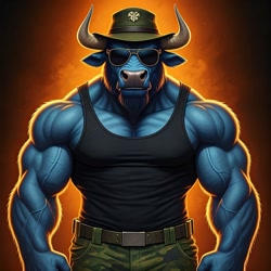 Size: 1024x1024 | Tagged: safe, imported from derpibooru, iron will, minotaur, ai content, ai generated, bust, clothes, cosplay, costume, drill instructor, g.i. joe, generator:google imagen 3.0, gradient background, hat, male, military uniform, muscles, muscular male, portrait, prompter:zerowinger, sgt. slaughter, solo, sunglasses, uniform