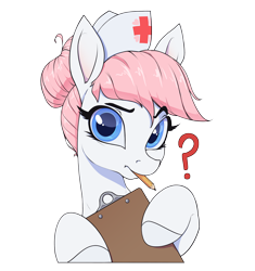 Size: 2342x2495 | Tagged: safe, artist:aquaticvibes, imported from derpibooru, nurse redheart, earth pony, pony, clipboard, eyebrows, female, hoof hold, looking at you, mare, mouth hold, pencil, question mark, raised eyebrow, simple background, solo, transparent background