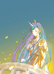 Size: 1680x2298 | Tagged: safe, artist:xinjinjumin641763993311, imported from derpibooru, princess celestia, human, crown, gradient background, horn, horned humanization, humanized, jewelry, regalia, simple background, solo, winged humanization, wings