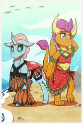 Size: 1181x1772 | Tagged: safe, artist:inuhoshi-to-darkpen, imported from derpibooru, ocellus, smolder, changedling, changeling, dragon, beach, blushing, clothes, commission, dragoness, duo, female, lesbian, ocean, shipping, smolcellus, swimsuit, water