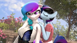 Size: 2048x1152 | Tagged: safe, artist:kenaga, oc, oc only, oc:aurora starling, oc:maple cake, anthro, 3d, blushing, breasts, clothes, female, glasses, heterochromia, kissing