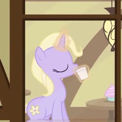 Size: 585x585 | Tagged: safe, imported from derpibooru, screencap, pony, unicorn, background pony, drink, drinking, female, horn, mare, solo