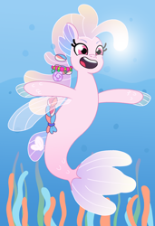 Size: 1840x2690 | Tagged: safe, imported from derpibooru, seapony (g4), bioluminescent, bubble, destiny (g5), dorsal fin, female, fin, fish tail, flowing mane, g5, happy, jade sea, looking at you, mare, my little pony: tell your tale, ocean, open mouth, open smile, sea pony (g5), seaweed, smiling, solo, tail, underwater, water