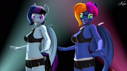 Size: 2048x1152 | Tagged: safe, artist:kenaga, oc, oc only, oc:layla horizon, oc:maple cake, anthro, bat pony, 3d, bat pony oc, bat wings, breasts, clothes, dancing, duo, female, glasses, looking at you, wings