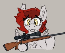 Size: 1023x843 | Tagged: safe, artist:reddthebat, imported from derpibooru, oc, oc only, oc:reddthebat, pony, bust, chest fluff, eye clipping through hair, fangs, female, gray background, gun, hoof hold, mare, rifle, simple background, solo, teary eyes, weapon