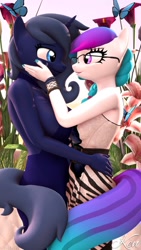 Size: 1152x2048 | Tagged: safe, artist:kenaga, oc, oc only, oc:aurora starling, oc:midnight music, anthro, butterfly, 3d, breasts, clothes, duo, female, glasses, looking at each other