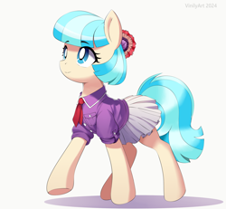 Size: 2100x1939 | Tagged: safe, artist:vinilyart, imported from derpibooru, coco pommel, earth pony, pony, clothes, eyebrows, eyebrows visible through hair, female, mare, necktie, shirt, simple background, skirt, smiling, solo