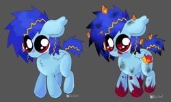 Size: 1072x641 | Tagged: safe, artist:koidial, imported from derpibooru, oc, oc only, pony, big ears, blue coat, blue mane, blue tail, burnt mane, burnt tail, chest fluff, chibi, duality, ear tufts, eye clipping through hair, eye reflection, female, female oc, fire, floppy ears, folded wings, gray background, mare, mare oc, no mouth, on fire, red eyes, reflection, scrapes, short tail, signature, simple background, small wings, solo, sparkly eyes, spiky mane, spiky tail, standing, striped mane, striped tail, tail, text, wingding eyes, wings