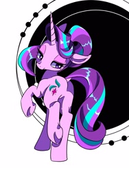 Size: 1200x1600 | Tagged: safe, artist:stacy_165cut, imported from derpibooru, starlight glimmer, pony, unicorn, abstract background, big eyes, butt, dock, eyelashes, female, floppy ears, glimmer glutes, horn, lidded eyes, long horn, long mane, long tail, looking back, mare, pink coat, plot, purple eyes, raised hoof, raised leg, shiny mane, shiny tail, smiling, solo, sparkly eyes, standing on two hooves, starry eyes, tail, three toned mane, three toned tail, two toned background, underhoof, walking, wavy mane, wavy tail, wingding eyes