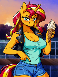 Size: 1840x2456 | Tagged: safe, imported from derpibooru, sunset shimmer, anthro, unicorn, ai content, ai generated, clothes, denim, denim shorts, female, food, generator:pony diffusion v6 xl, generator:stable diffusion, horn, ice cream, ice cream cone, jacket, leather, leather jacket, looking at you, outdoors, prompter:bendy and boney, shorts, sleeveless, smug, solo, tanktop