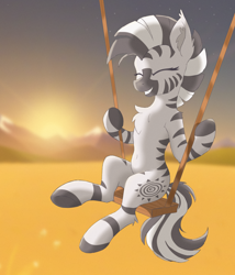 Size: 3786x4429 | Tagged: safe, artist:pzkratzer, imported from derpibooru, zecora, zebra, belly, belly button, eyes closed, female, field, open mouth, sitting, smiling, solo, sunset, swing, swinging