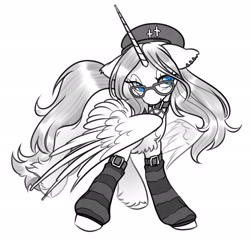 Size: 2100x2079 | Tagged: safe, artist:opalacorn, imported from derpibooru, oc, oc only, alicorn, pony, beret, choker, clothes, female, floppy ears, glasses, grayscale, hat, leg warmers, mare, monochrome, partial color, partially open wings, simple background, solo, white background, wings