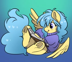 Size: 2410x2063 | Tagged: safe, artist:opalacorn, imported from derpibooru, oc, oc only, pegasus, pony, book, clothes, female, frog (hoof), gradient background, mare, raffle prize, reading, smiling, solo, sweater, underhoof