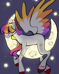 Size: 720x900 | Tagged: safe, artist:broniesforponies, imported from derpibooru, oc, oc only, pegasus, pony, art trade, colored wings, moon, multicolored hair, multicolored wings, side view, solo, stra, white coat, wings