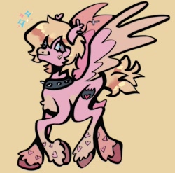 Size: 1440x1425 | Tagged: safe, artist:broniesforponies, imported from derpibooru, oc, pegasus, pony, collar, pegasus oc, pink coat, simple background, smiling, solo, spiked collar, tan background, wings