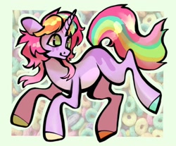 Size: 1440x1194 | Tagged: safe, artist:broniesforponies, imported from derpibooru, oc, oc only, pony, unicorn, abstract background, cereal, colored hooves, food, hooves, horn, multicolored hooves, multicolored mane, multicolored tail, pink coat, smiling, tail, unicorn oc