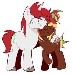 Size: 676x680 | Tagged: artist needed, safe, oc, oc:little money, oc:pomm, pony, unicorn, 2 ponies, female, friendship, hug, male, mare, photo, simple background, spikey mane, stallion