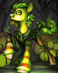 Size: 1440x1800 | Tagged: safe, artist:broniesforponies, imported from derpibooru, pony, beetlejuice, green coat, grin, pumpkin, smiling, solo