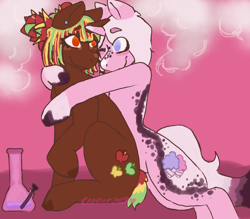 Size: 680x595 | Tagged: safe, artist:dizzysky_mlp, oc, oc:cottonheart, oc:pomm, pony, unicorn, bong, female, hug, male, mare, photo, simple background, smoke, stallion