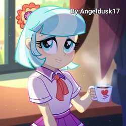 Size: 4096x4096 | Tagged: safe, imported from derpibooru, coco pommel, human, equestria girls, ai content, ai generated, coffee, cup, equestria girls-ified, looking at you, morning, photoshop, prompter:angeldusk17, window