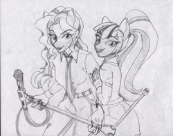 Size: 1007x792 | Tagged: safe, artist:ciaran, derpibooru exclusive, imported from derpibooru, adagio dazzle, sonata dusk, equestria girls, button-up shirt, cable, clothes, dress, dress shirt, duo, duo female, eye clipping through hair, female, hand on arm, looking at you, microphone, microphone stand, necktie, open mouth, pants, pencil drawing, ponied up, pony ears, rainbow rocks 10th anniversary, shirt, smiling, smiling at you, traditional art, vulgar description