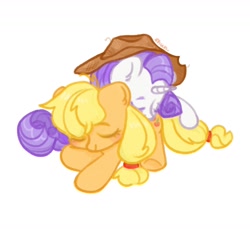 Size: 1280x1170 | Tagged: safe, artist:shunshell, imported from derpibooru, applejack, rarity, earth pony, unicorn, 2d, blushing, fanart, female, hat, horn, lesbian, rarijack, shipping, sleeping, together