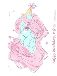 Size: 810x1080 | Tagged: safe, artist:shunshell, imported from derpibooru, earth pony, happy birthday, hat, looking at you, party hat, simple background, smiling, sparkles, white background