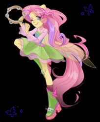 Size: 883x1080 | Tagged: safe, artist:shunshell, imported from derpibooru, fluttershy, butterfly, equestria girls, clothes, dress, fanart, musical instrument, one eye closed, smiling, tambourine, wings