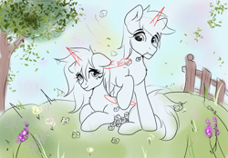 Size: 2360x1640 | Tagged: safe, imported from derpibooru, oc, oc only, alicorn, earth pony, pegasus, pony, commission, couple, cute, flower, ych sketch, your character here