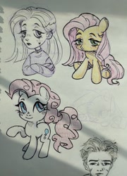 Size: 778x1080 | Tagged: safe, artist:shunshell, imported from derpibooru, fluttershy, pinkie pie, human, chibi, fanart, humanized, non-pony oc, photo, raised hoof, smiling, tired, traditional art