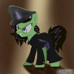 Size: 1000x1000 | Tagged: safe, artist:lunarglaze, imported from derpibooru, oc, oc only, oc:dolores, pony, unicorn, base used, clothes, coat, dark background, glasses, gun, hat, horn, magic, solo, telekinesis, weapon