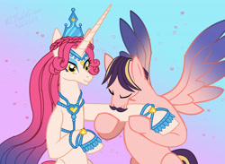 Size: 4496x3300 | Tagged: safe, artist:kelseyleah, imported from derpibooru, princess amore, oc, oc:crescendo celestine, pegasus, pony, unicorn, horn, kissing, male, stallion