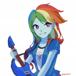 Size: 2048x2048 | Tagged: safe, artist:dusknebula, artist:sugarcube269, imported from derpibooru, rainbow dash, human, equestria girls, clothes, electric guitar, female, guitar, jacket, musical instrument, shirt, shoes, simple background, skirt, socks, solo, vest, white background