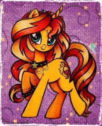 Size: 2584x3160 | Tagged: safe, artist:dariarchangel, imported from derpibooru, sunset shimmer, pony, unicorn, equestria girls, alternate hairstyle, beads, big eyes, blushing, bracelet, choker, crescent moon, cute, ear piercing, earring, female, glittery cutie mark, horn, jewelry, long hair, long mane, long tail, mare, moon, orange coat, piercing, raised hoof, redhead, rockstar, shimmerbetes, smiling, solo, stars, tail, traditional art, two toned hair, two toned mane, two toned tail, unicorn horn