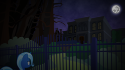 Size: 1280x720 | Tagged: safe, artist:slicer4ever, imported from derpibooru, trixie, pony, unicorn, female, full moon, haunted house, horn, mare, moon, night