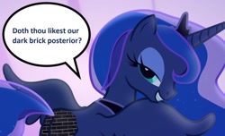 Size: 1434x871 | Tagged: safe, edit, edited screencap, imported from derpibooru, screencap, princess luna, alicorn, pony, to where and back again, 1000 hours in ms paint, bedroom eyes, brick, brick booty, bricks, butt, dialogue, female, fetish, forced meme, lidded eyes, looking at you, looking back, looking back at you, looking over shoulder, mare, meme, moon, moonbutt, plot, smiling, solo, speech bubble, wat