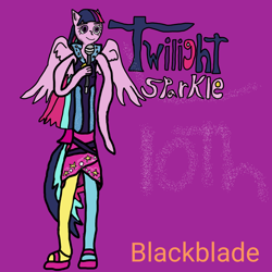 Size: 1280x1280 | Tagged: safe, artist:blackblade360, imported from derpibooru, twilight sparkle, human, equestria girls, 10th anniversary, 2024, digital art, ibispaint x, looking at you, microphone, my little pony equestria girls: rainbow rocks, pose, purple eyes, purple skin, rainbow rocks 10th anniversary, rainbow rocks outfit, shading, signature, smiling, spread wings, title card, wings