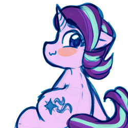 Size: 900x900 | Tagged: safe, artist:zutcha, imported from derpibooru, starlight glimmer, pony, unicorn, :3, blush sticker, blushing, colored sketch, female, floppy ears, horn, looking at you, looking back, looking back at you, mare, simple background, sitting, sketch, smiling, smiling at you, solo, white background