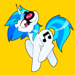 Size: 1750x1750 | Tagged: safe, artist:vivian reed, imported from derpibooru, dj pon-3, vinyl scratch, pony, unicorn, female, glasses, heart, heart eyes, horn, looking back, mare, open mouth, open smile, profile, raised hoof, raised leg, signature, simple background, smiling, solo, trotting, vinyl's glasses, wingding eyes, yellow background