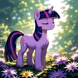 Size: 2800x2800 | Tagged: safe, imported from derpibooru, twilight sparkle, pony, unicorn, ai content, ai generated, blurry background, eyes closed, flower, generator:tponynai3, horn, prompt in description, prompter:derp621, solo