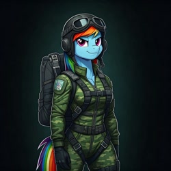 Size: 1024x1024 | Tagged: safe, imported from derpibooru, rainbow dash, anthro, ai content, ai generated, clothes, cosplay, costume, female, g.i. joe, generator:google imagen 3.0, gloves, goggles, gradient background, harness, helmet, military uniform, paratrooper, prompter:zerowinger, ripcord, smiling, smirk, solo, tack, uniform