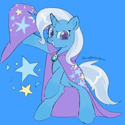 Size: 4096x4096 | Tagged: safe, artist:metaruscarlet, imported from derpibooru, trixie, pony, unicorn, blue background, cape, clothes, grin, hat, horn, looking at you, raised hoof, simple background, smiling, solo, standing on two hooves, trixie's cape, trixie's hat