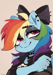 Size: 800x1120 | Tagged: safe, imported from derpibooru, rainbow dash, anthro, pegasus, ai content, ai generated, bow, clothes, emo, generator:pony diffusion v6 xl, generator:stable diffusion, goth, hair bow, prompter:capsamoon