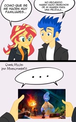 Size: 750x1200 | Tagged: safe, artist:monocromia, imported from derpibooru, flash sentry, sunset shimmer, elemental, equestria girls, ..., crossover, disney, elemental (pixar), ember lumen, female, flashimmer, male, shipping, spanish, straight, wade ripple