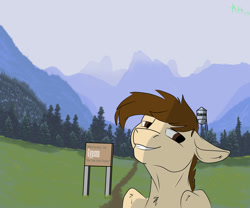 Size: 979x816 | Tagged: safe, artist:aegishailstorm, imported from derpibooru, oc, oc only, oc:aegis hailstorm, pegasus, chest fluff, fog, looking at you, male, mountain, mountain range, pine tree, sign, stallion, tree, water tower